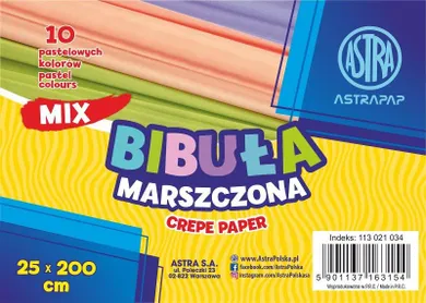 Astra, bibuła marszczona, 25-200 cm, mix 10 kolorów pastelowych