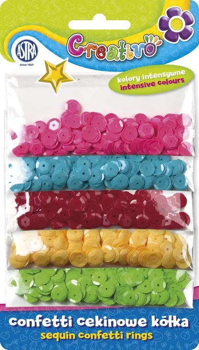 Astra, Confetti cekinowe, kółka na blistrze, mix 5 kolorów intensywnych, 1000 szt.
