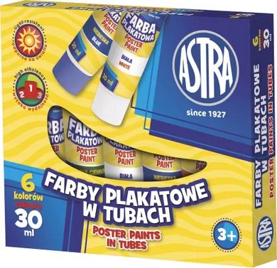 Astra, farby plakatowe, 6 kolorów w tubie, 30 ml