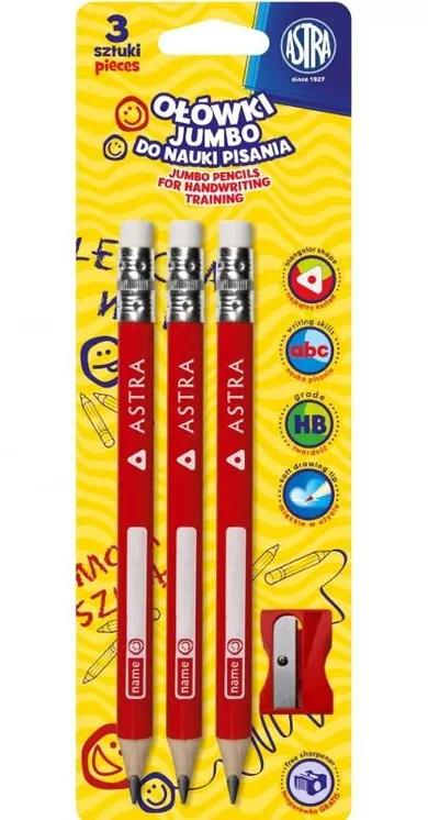 Astra, jumbo, ołówki z gumką do nauki pisania, HB, 3 szt.