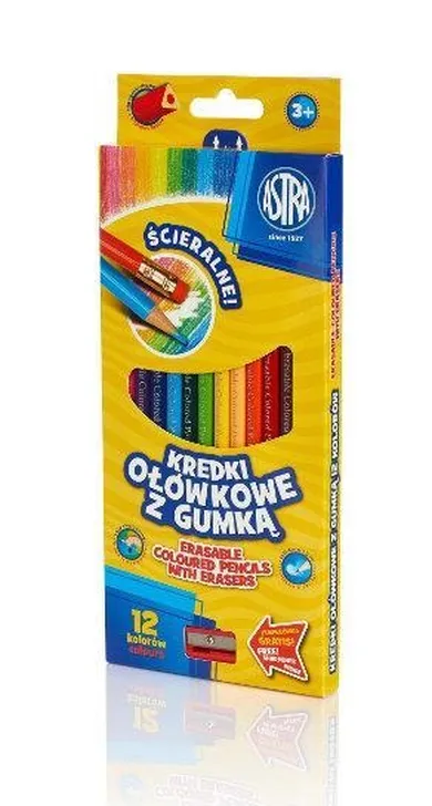 Astra, kredki ołówkowe z gumką, 12 kolorów