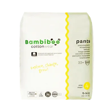 Bambiboo, Cottonwear, jednorazowe pieluchomajtki, bawełna organiczna, rozmiar 4, 9-14 kg, 22 szt.