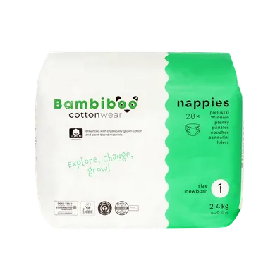 Bambiboo, Cottonwear, jednorazowe pieluszki, bawełna organiczna, rozmiar 1, 2-4 kg, 28 szt.