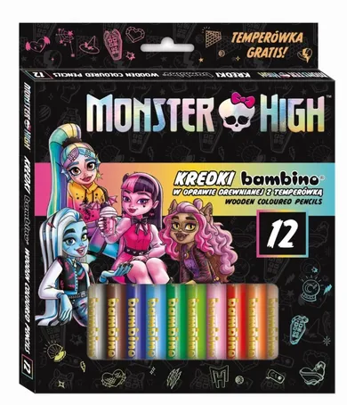 Bambino, Monster High, kredki w oprawie drewnianej, 12 kolorów + temperówka