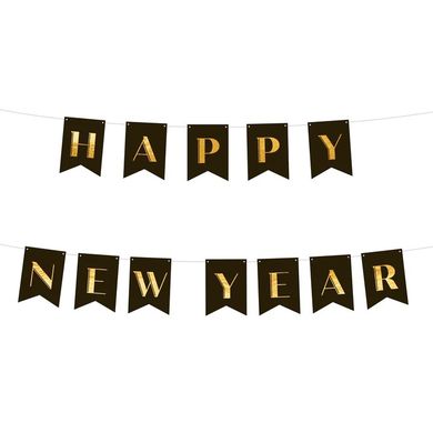 Baner Happy New Year, girlanda papierowa, czarna, 220 cm