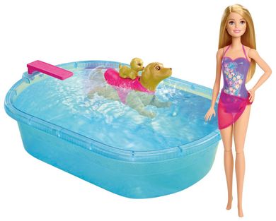 Barbie, Pływający piesek, lalka z akcesoriami