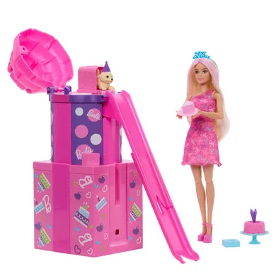 Barbie, Rise & Surprise, zestaw urodzinowy z 12 niespodziankami, funkcja zmiany koloru
