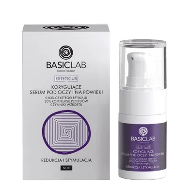 BasicLab, Esteticus korygujące serum pod oczy z retinalem 0.03% 20% kompleksem peptydów i czynnikami wzrostu, redukcja i stymulacja, 15 ml