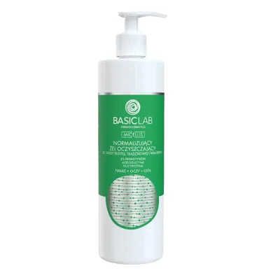 BasicLab, Micellis, normalizujący żel oczyszczający do skóry tłustej i wrażliwej, 2% Prebiotyków Azeloglicyna & Glicyryzyna, 300 ml