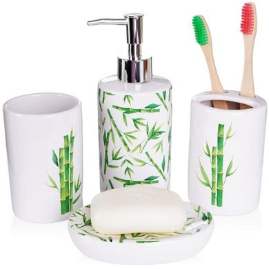 Bathroom Solutions, zestaw łazienkowy ceramiczny, biały dekor bambus, 4 elementy