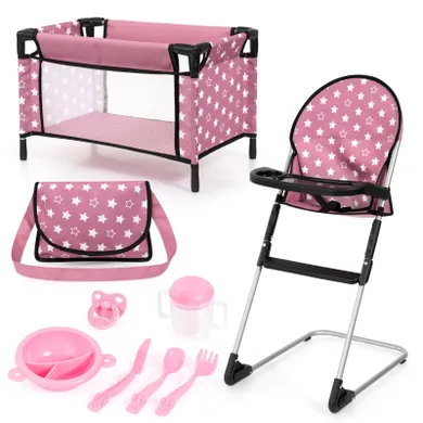 Bayer Design, zestaw podróżny dla lalek: łóżeczko turystyczne, krzesełko do karmienia, torba, akcesoria, 9w1, różowy
