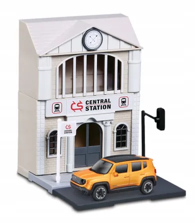 BBurago, Street Fire, City Train Station, stacja kolejowa z modelem pojazdu Jeep Renegade, 1:43