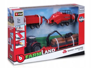Bburago, Tractor Gift Set Massey Ferguson 8740S, traktor z przyczepą i akcesoriami