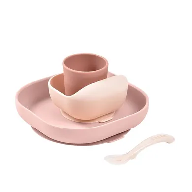 Beaba, komplet naczyń z silikonu z przyssawką, cotton candy