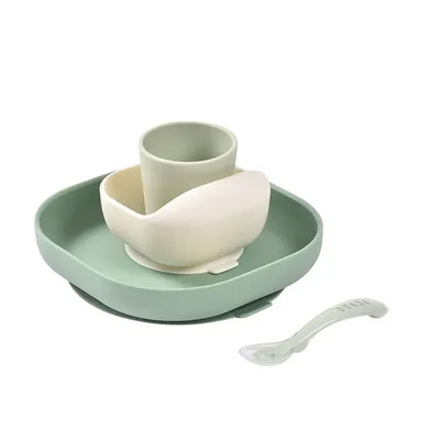 Beaba, komplet naczyń z silikonu z przyssawką, sage green