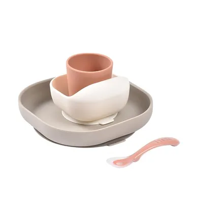 Beaba, komplet naczyń z silikonu z przyssawką, terracotta