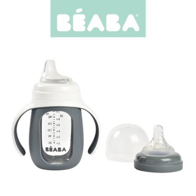 Beaba, szklana butelka treningowa 2w1, w silikonowej osłonce, mineral grey, 210 ml