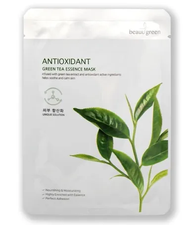 BeauuGreen, Antioxidant Green Tea Essence Mask, antyoksydacyjna maseczka do twarzy, zielona herbata, 23g