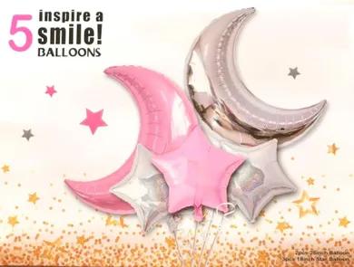 Belbal, zestaw balonów, księżyce i gwiazdki, różowy i srebrny, 5 szt.