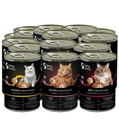 Belly welly, mokra karma mix dla kota, kurczak, wołowina, łosoś, 400g, 12 szt.