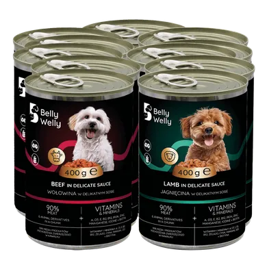 Belly welly, mokra karma mix dla psa, jagnięcina i wołowina, 400g, 12 szt.