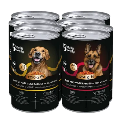 Belly welly, mokra karma mix dla psa, kurczak z warzywami i wołowina z warzywami, 1250g, 6 szt.