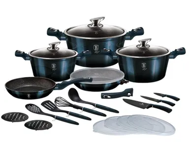 Berlinger Haus, Aquamarine, zestaw: garnki z pokrywą + patelnie + akcesoria, 22 elementy