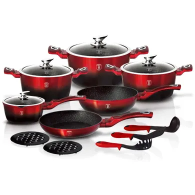 Berlinger Haus, Black-Burgundy, zestaw: garnki z pokrywą + patelnie + akcesoria, 15 elementów