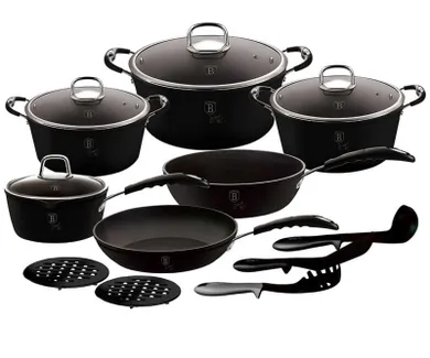 Berlinger Haus, Black Professional Line, zestaw: garnki granitowe z pokrywą + patelnie + akcesoria, 15 elementów