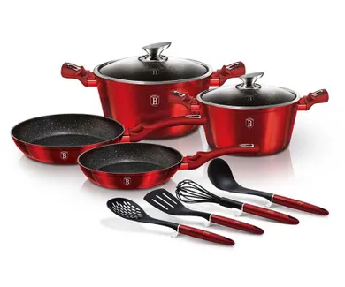 Berlinger Haus, Burgundy, zestaw: garnki granitowe z pokrywą + patelnie + akcesoria, 10 elementów