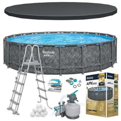 Bestway, basen stelażowy z pompą filtrującą i akcesoriami, szary,132-671 cm, zestaw 11w1