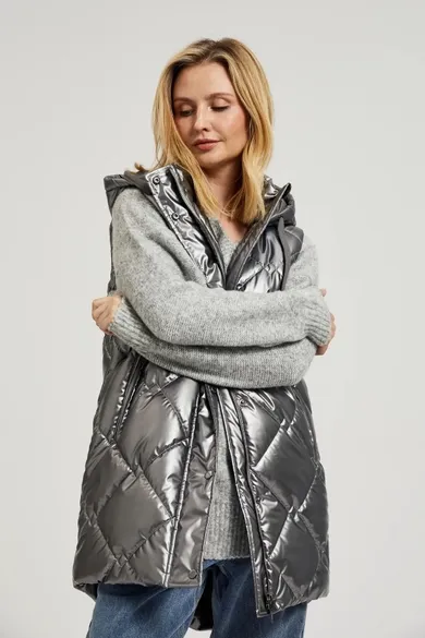 Bezrękawnik damski z kapturem, srebrny, Moodo