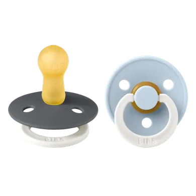 Bibs, Colour, smoczek uspokajający, kauczuk Hevea, Iron Glow&Baby Blue Glow, rozmiar 2, 2 szt.