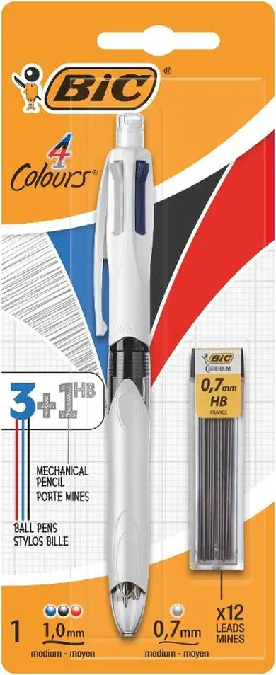 Bic, 4 Colours + Refill, długopis + 12 szt. grafitów, blister