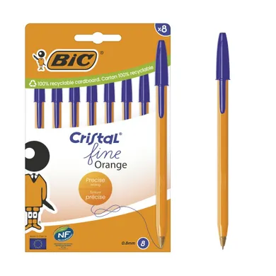 Bic, Cristal Fine Orange, długopisy, niebieskie, 8 szt.