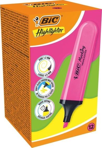 Bic, Highlighter, zakreślacz, różowy neon, 12 szt.