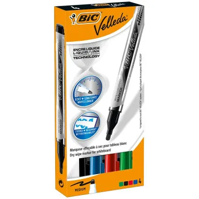 Bic, Velleda Liquid Ink Pocket, marker suchościeralny, 4 szt.