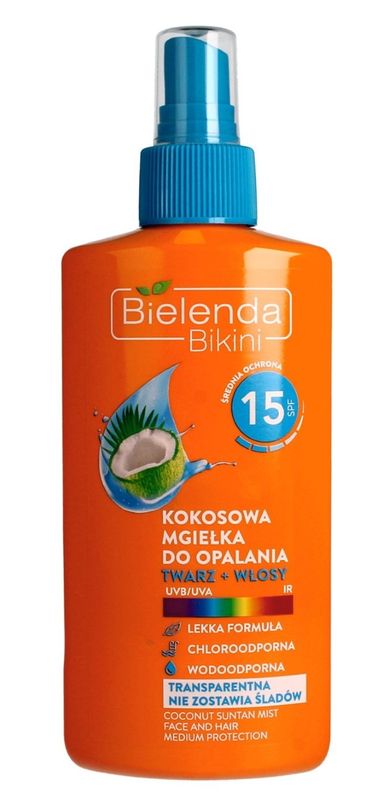 Bielenda, Bikini, mgiełka kokosowa do opalania na twarz i włosy, SPF 15, 150 ml