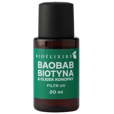 Bioelixire, silikonowe serum do włosów, Baobab, Biotyna i Olejek Konopny, 20 ml