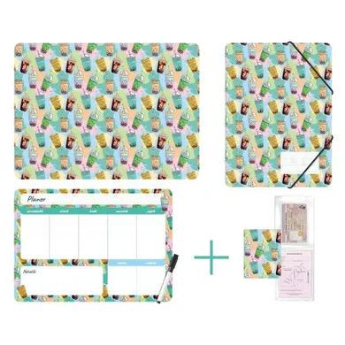 Biurfol, zestaw szkolny: podkładka, teczka, planer, okładka na dokumenty, bubble tea