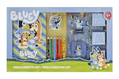 Bluey, mega zestaw kreatywny, notanik, kredki, naklejki i stemple