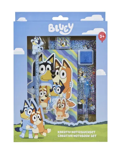Bluey, zestaw kreatywny z notatnikiem, ołókiem, długopisem, stempelkiem i naklejkami