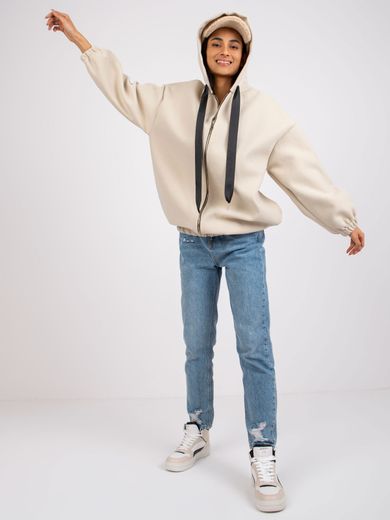 Bluza damska z kapturem, rozpinana, beżowa, Italy Moda