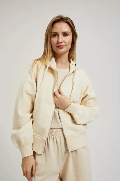 Bluza damska z kapturem, rozpinana, beżowa, Moodo