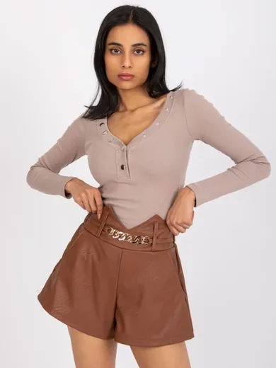 Bluzka damska z długim rękawem, beżowa, Rue Paris