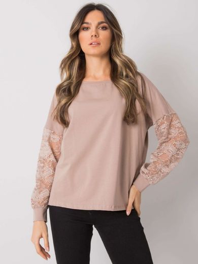 Bluzka damska z długim rękawem, beżowa, Rue Paris