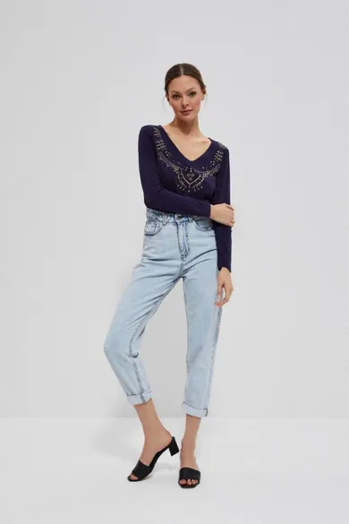 Bluzka damska z długim rękawem, granatowa, Moodo