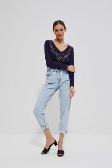 Bluzka damska z długim rękawem, granatowa, Moodo