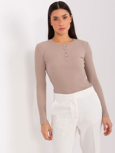Bluzka damska z długim rękawem, prążkowana, beżowa, Basic Feel Good