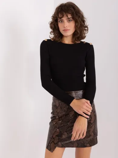 Bluzka damska z długim rękawem, prążkowana, czarna, Basic Feel Good